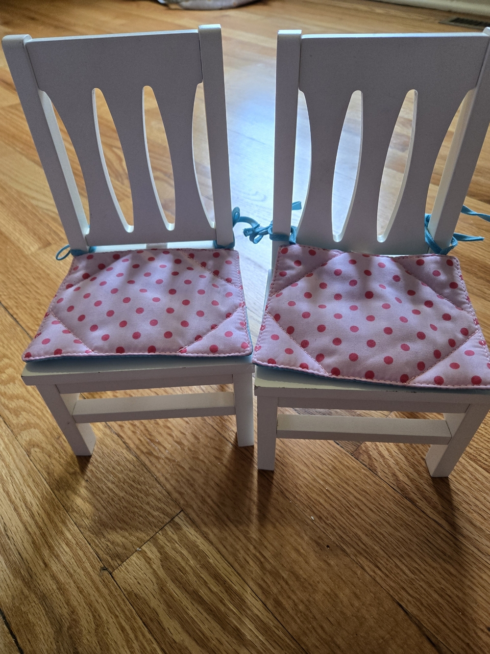 American Girl Pink Polka Dot Doll Chair Cushions with Blue Ties